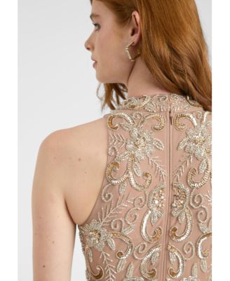 Women's Embellished Sequin Beaded Maxi Dress With High Neckline With Sleeveless Design