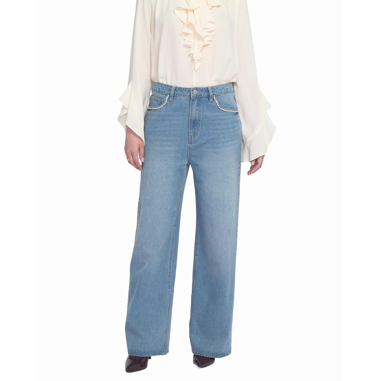 Women's Rhinestone Pocket Jean Wide-Leg Pants