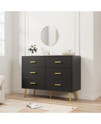 White 6-Drawer Wooden Dresser, Modern Storage Chest with Gold Handles and Deep Drawers for Bedroom Living Room Entryway