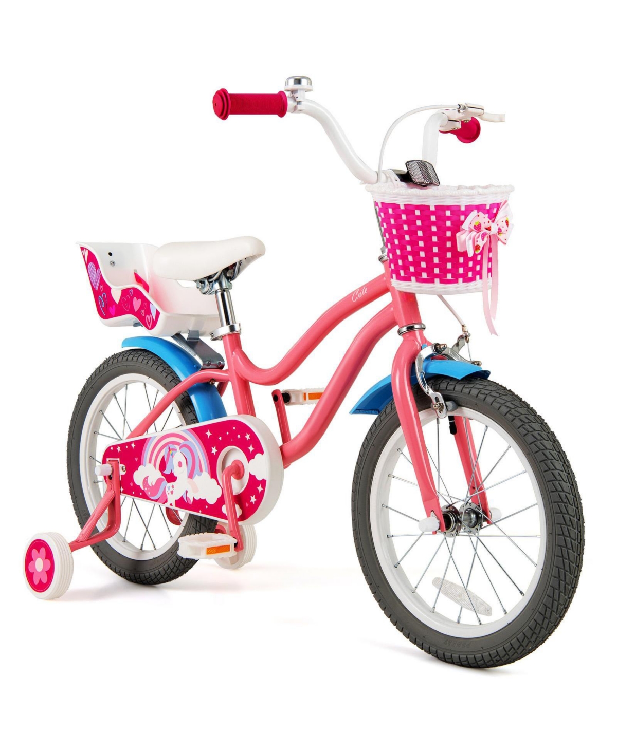 Hongge 16-Inch Girls Bike with Training Wheels, Basket, and Adjustable Seat - Pink