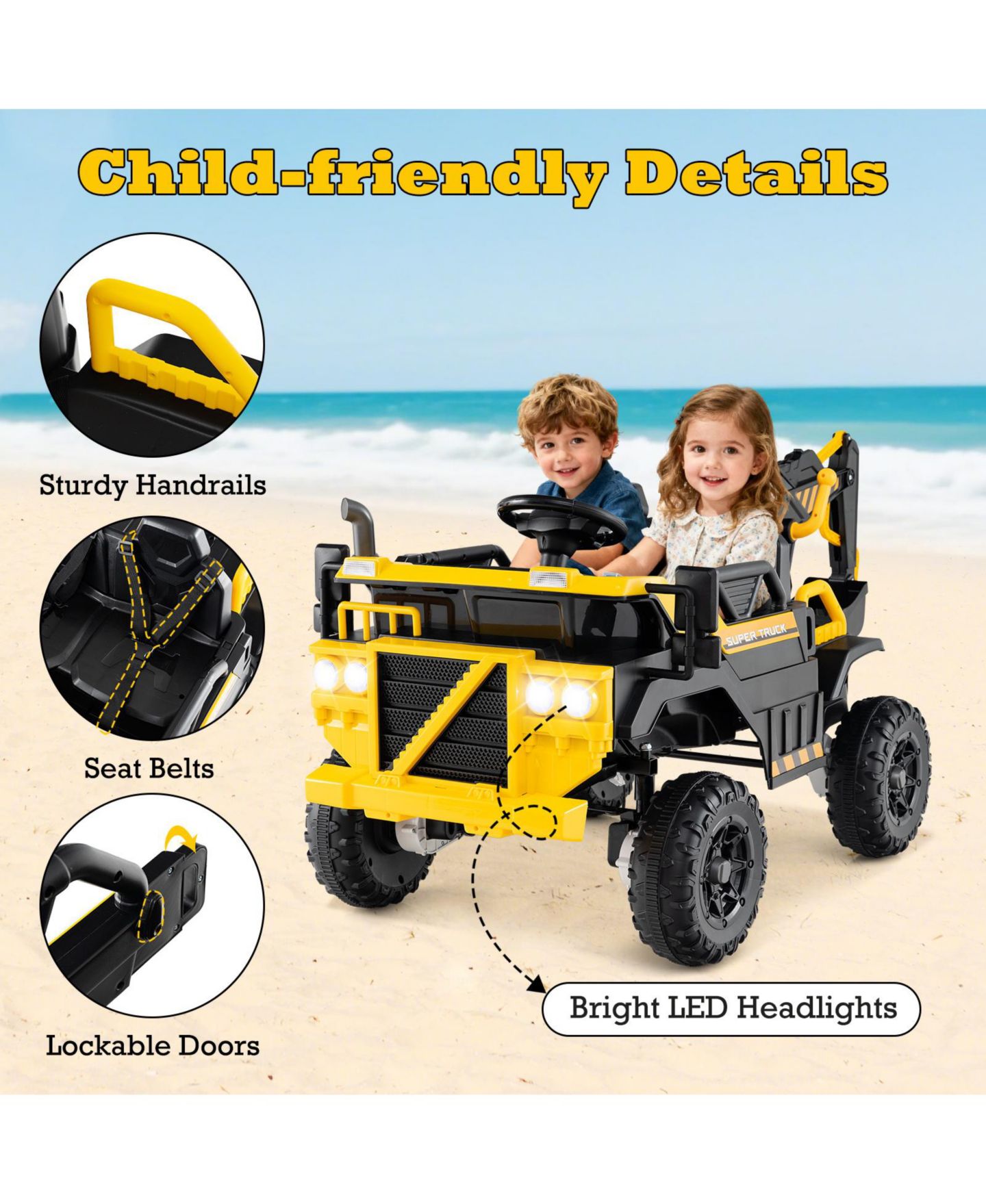 Детская игрушка HONGGE 24V 4WD Ride-On Excavator with Motorized Digging Arm and Remote Control, 2-Seater, Ages 3-8, цвет: Жёлтый чёрный — фото 8