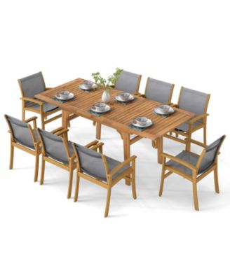9 PCS Acacia Wood Outdoor Dining Set for 6-8 with 1.97" Umbrella Hole