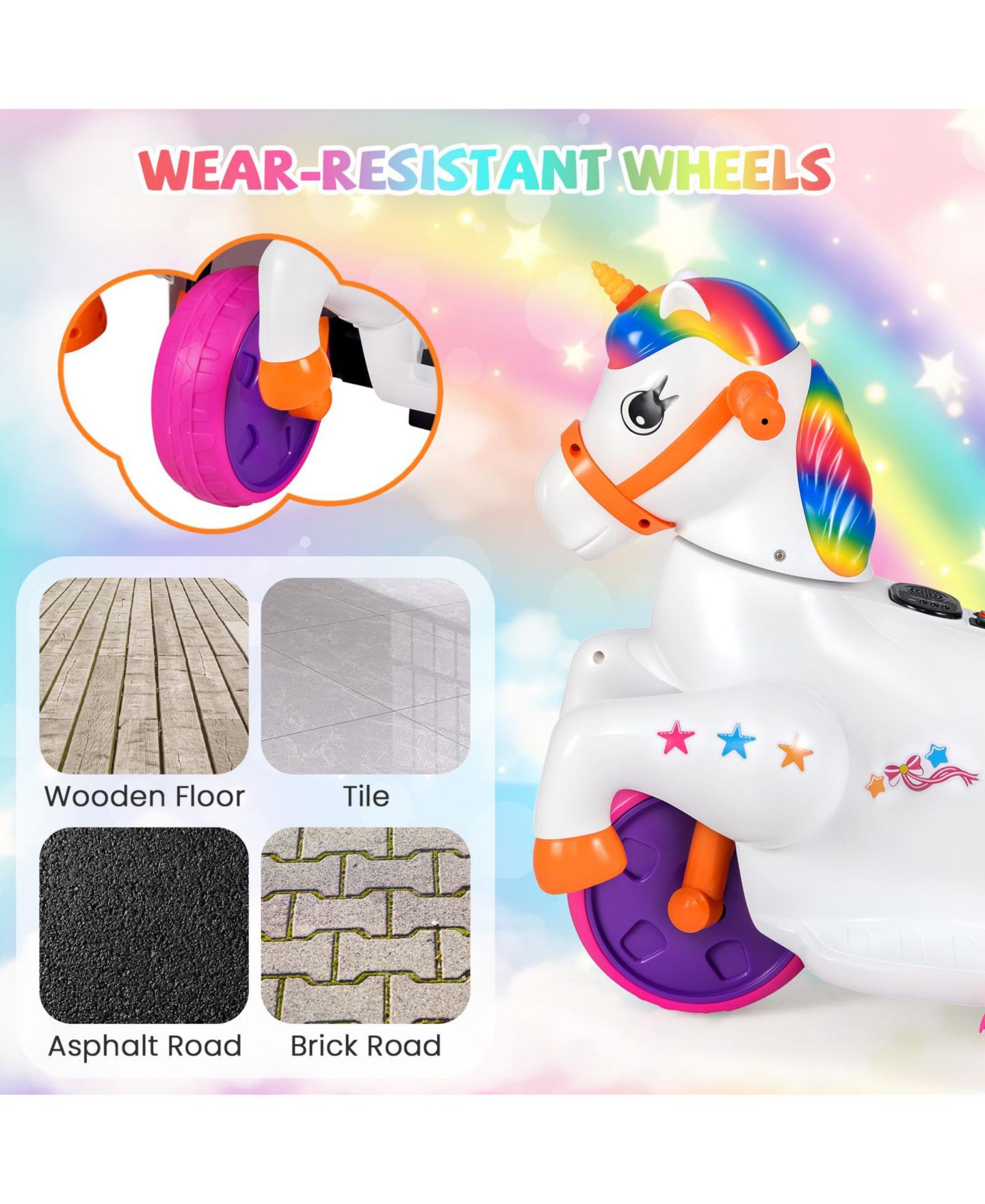 Детская игрушка HONGGE 12V Ride-On Unicorn Car with Galloping Motion, LED Lights and Sounds, Ages 3+, цвет: Розовый — фото 4