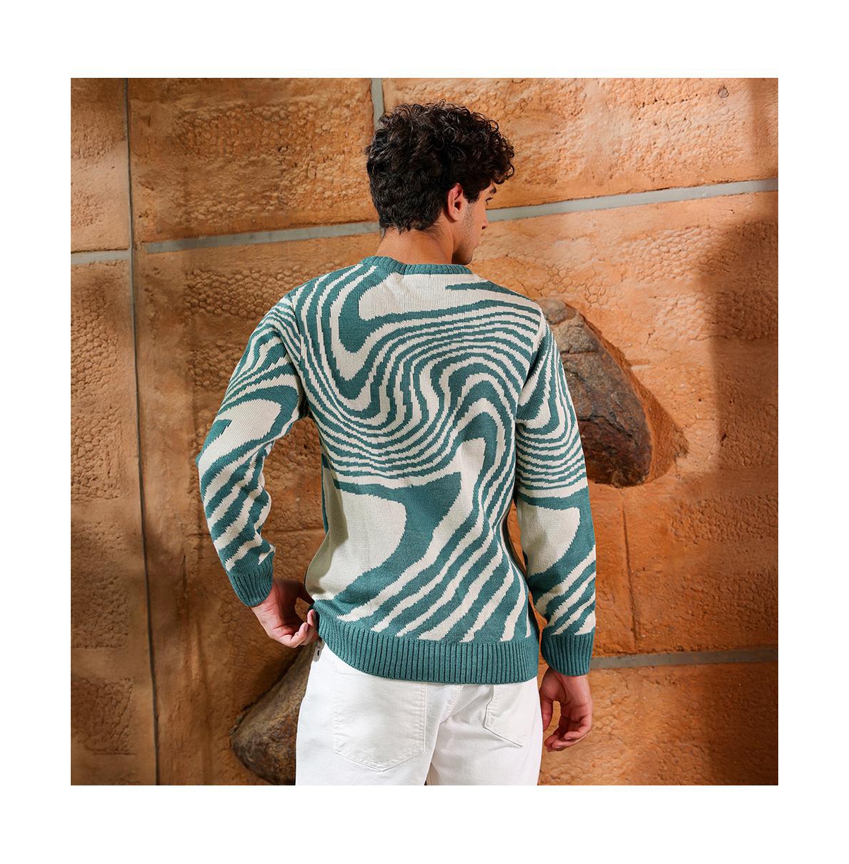 Campus Sutra Men's Emerald Green Fluid-Jacquard Knit Pullover Sweater