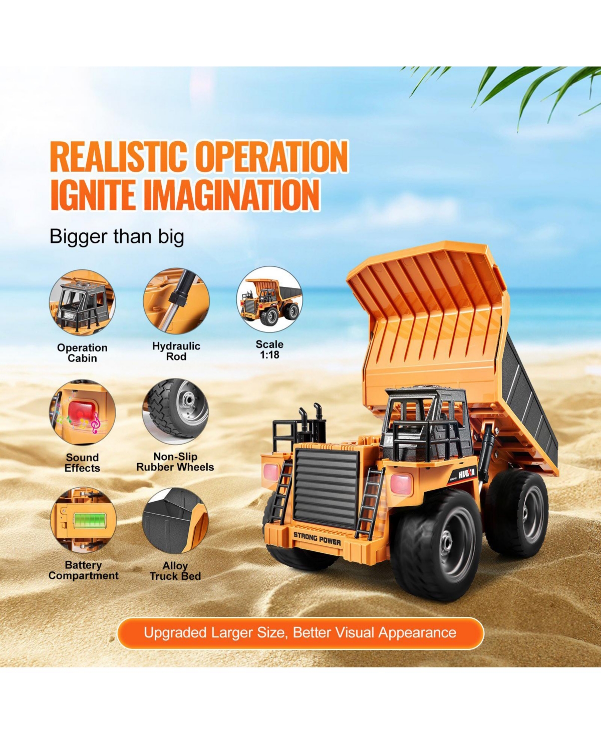 Hongge Rc Dump Truck 9-Channel 1:18 Scale with Metal Bed