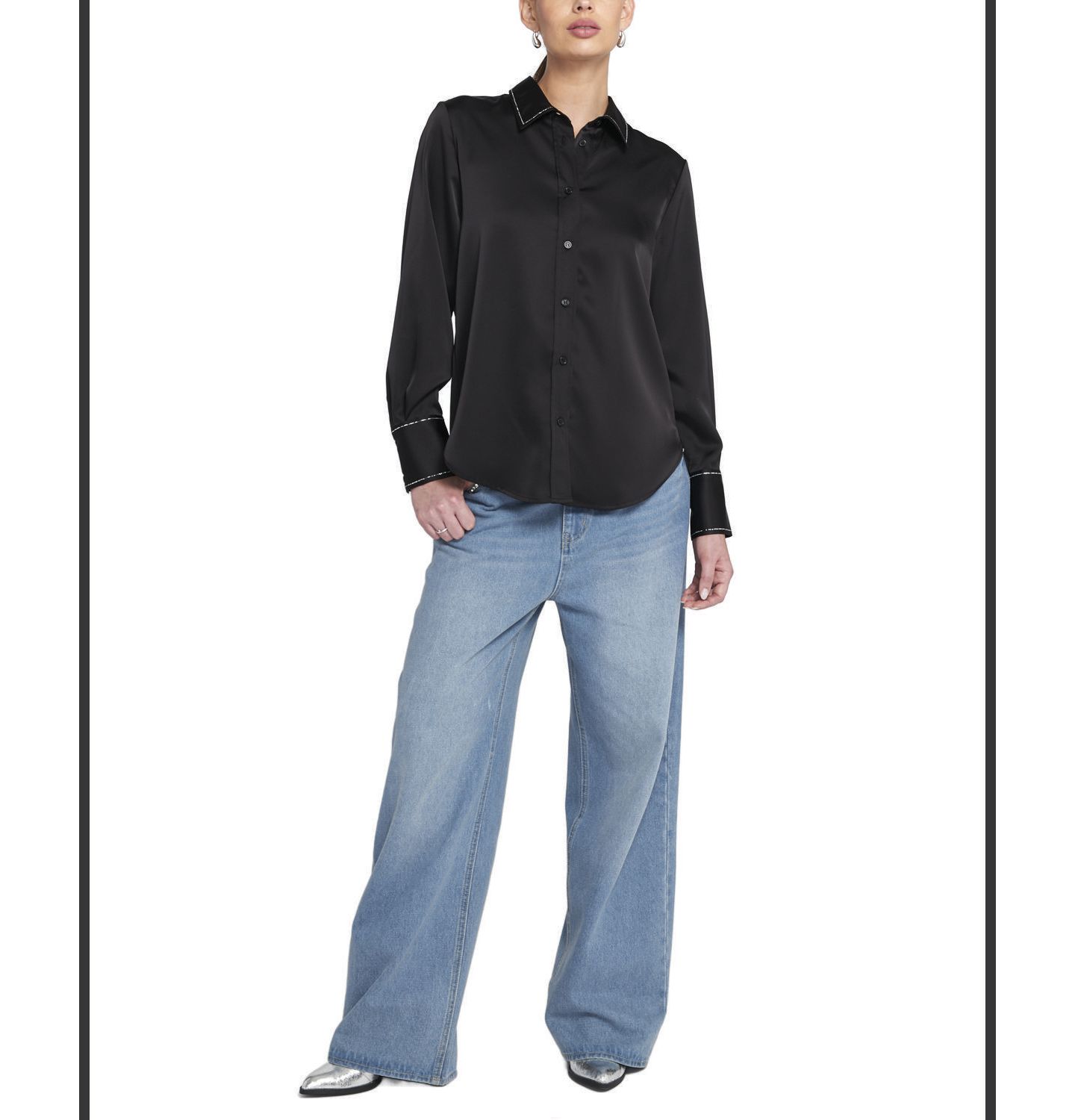 Женская рубашка ELLE Collection Sparkle Trim Satin Shirt Button Down Top, цвет: Чёрный — фото 2