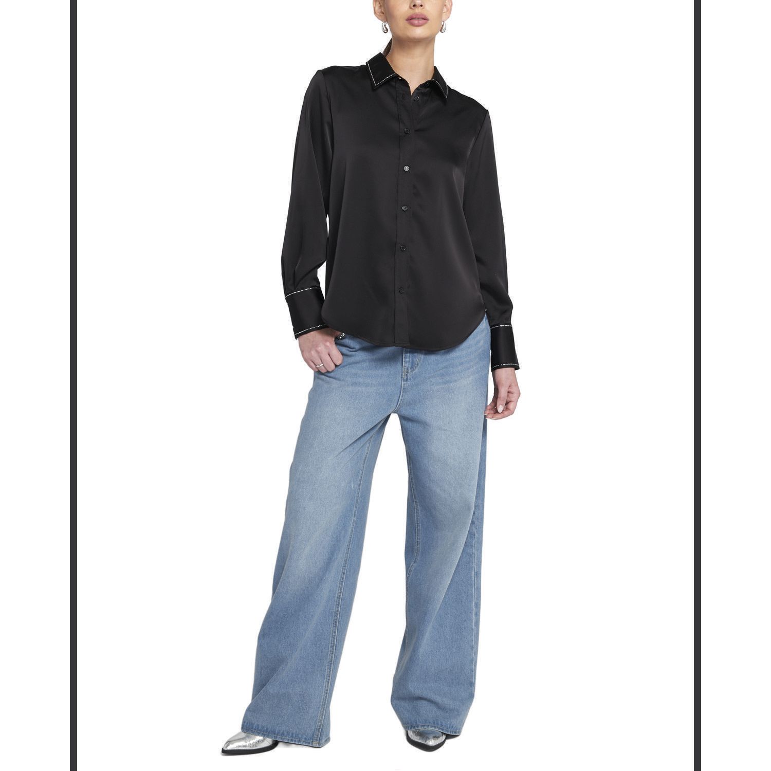 Women's Sparkle Trim Satin Shirt Button Down Top