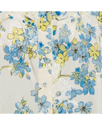 Women's White/blue Floral Print Silk Ruffled Blouse