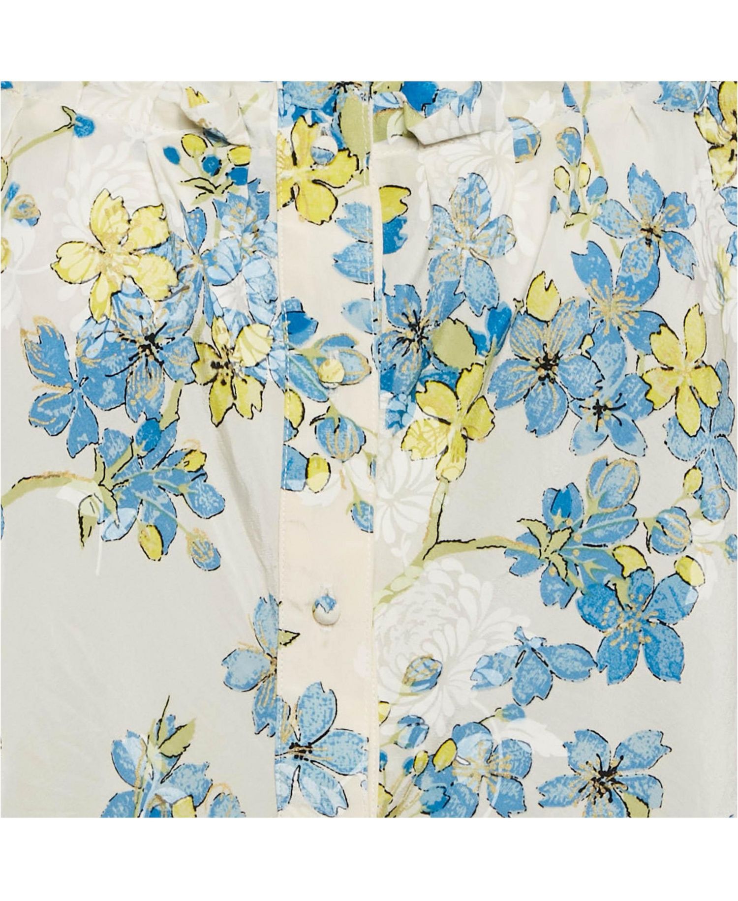 Women's White/blue Floral Print Silk Ruffled Blouse