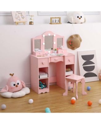 2-in-1 Wooden Kids Vanity Set,Tri-Fold Mirror, Stool & Drawer