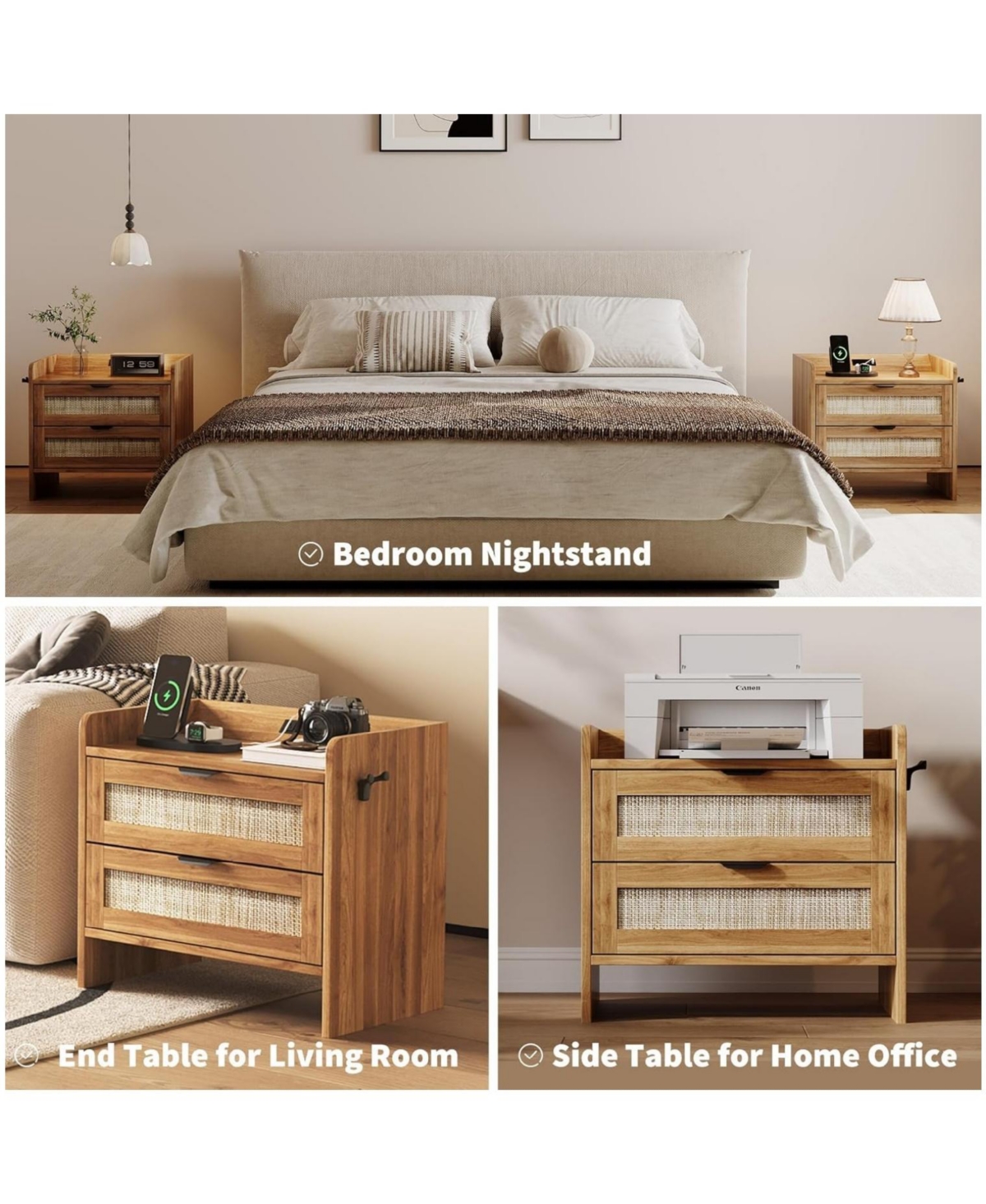 gaomon Rattan Nightstand Set of 2, Bedside Table with Type-c Charging Station - 2 Storage Drawer Space, Boho End Side Table, Walnut Brown