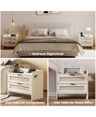 Rattan Nightstand Set of 2, Bedside Table with Type-C Charging Station - 2 Storage Drawer Space, Boho End Table Side Table, Walnut Brown