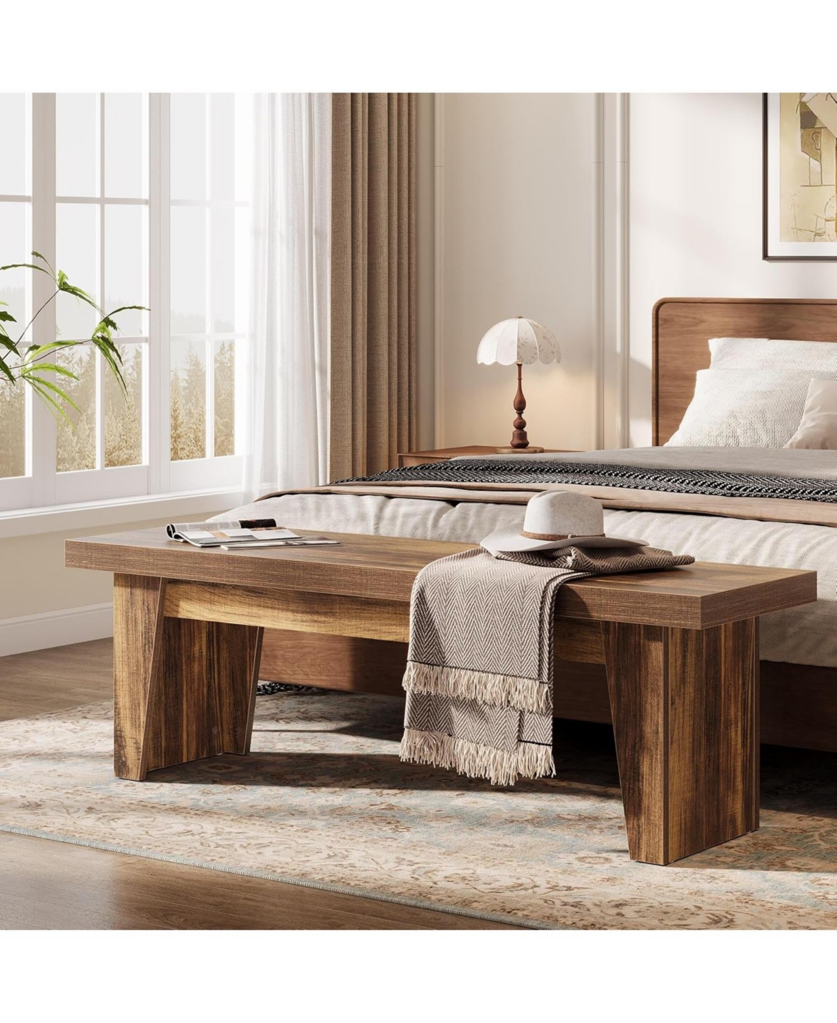 Tribesigns 55" Wooden Entryway Bench, Farmhouse Long Entry Seat, Indoor End of Bed Stool