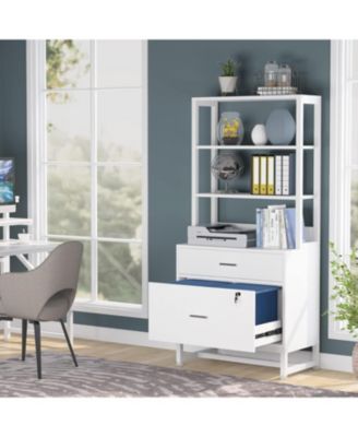 2 Drawer Vertical File Cabinet with Lock & Bookshelf, Letter Size Large Modern Filing Cabinet Printer Stand with Open Storage Shelves