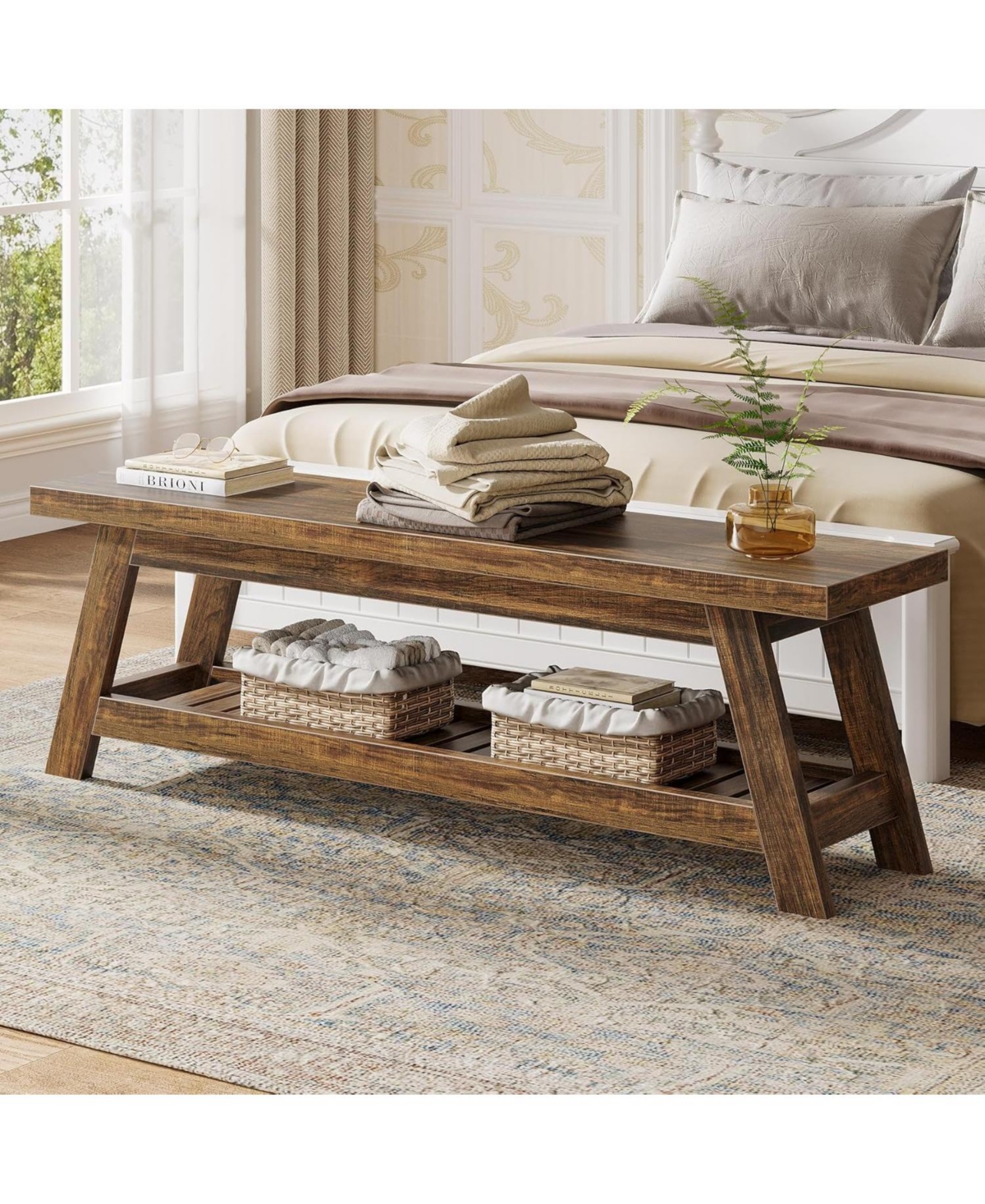 Tribesigns 55" Wood Entryway Bench with Shoe Storage