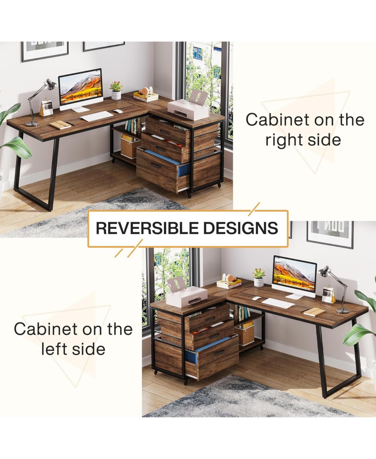 Tribesigns 53" W × 19.7" Wood L-Shaped Desk with 3 Drawers, Reversible Corner Home Office Computer Shelves