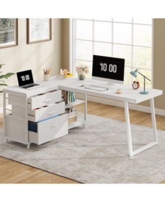 53" W × 19.7" Wood L-Shaped Desk with 3 Drawers, Reversible Corner Home Office Computer Desk with Shelves