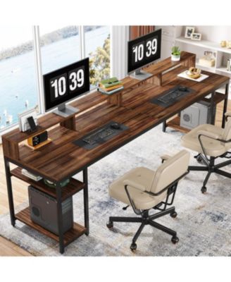 Two Person Desk with Monitor Stand, 78.74" Long Double Computer Office Desk with Storage Shelves