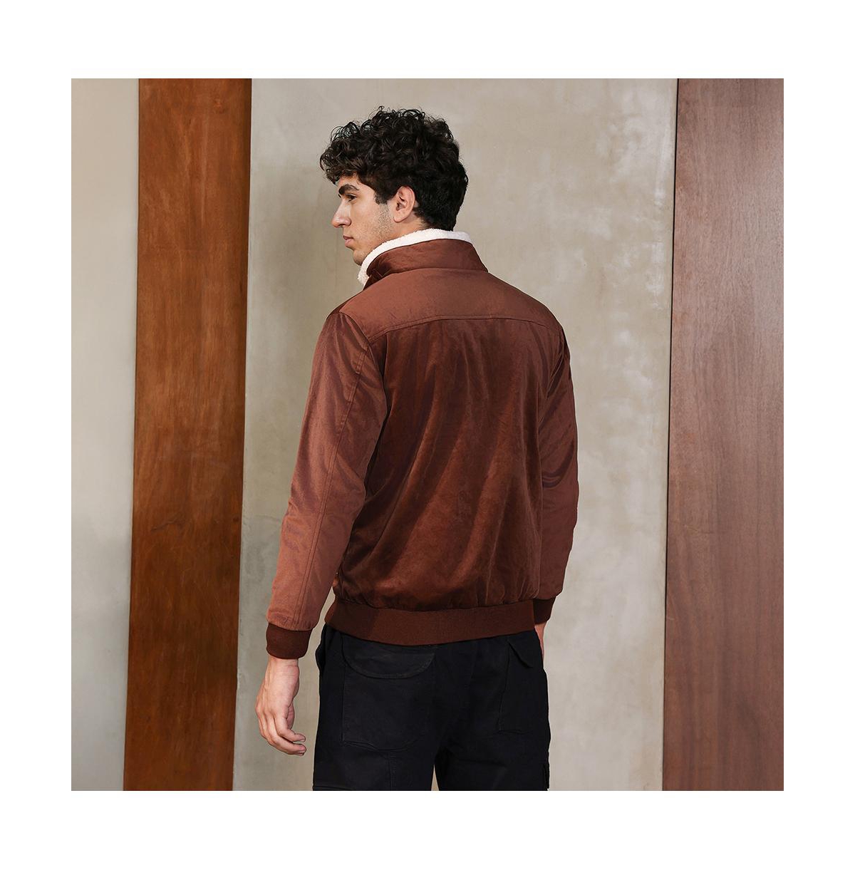 Campus Sutra Men's Contrast Sherpa-Lined Suede Bomber Jacket
