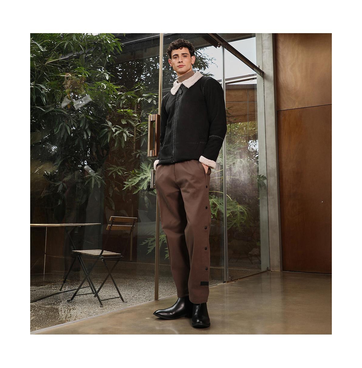 Campus Sutra Men's Midnight Black Contrast Sherpa-Lined Suede Rider Jacket