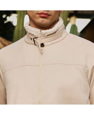 Men's Cream White Contrast Sherpa-Lined Suede Bomber Jacket