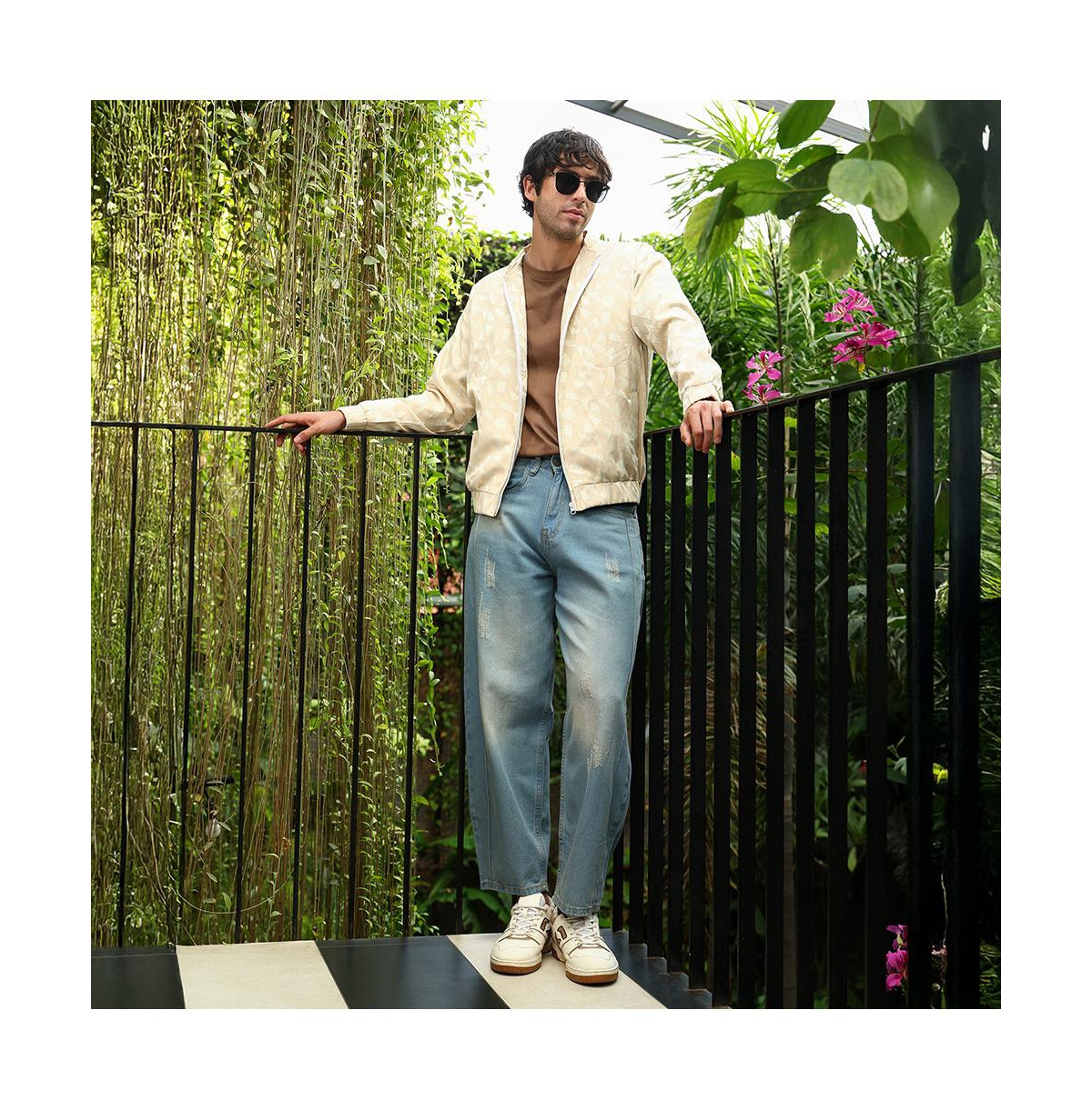 Campus Sutra Men's Cream White Mozaic-Jacquard Bomber Jacket