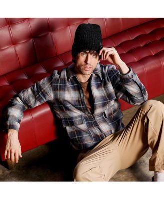 Men's Navy Blue Zip-Front Plaid Jacket