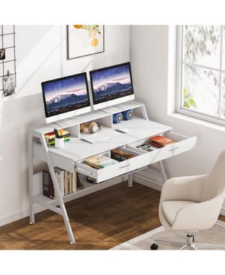 White Computer Desk with Storage Shelf & Drawers, Modern 47 inch Office Writing Desk Study Table with Monitor Stand