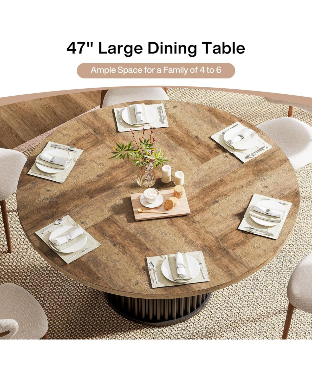 Tribesigns 47.24-Inch Black Round Dining Table for 4-6 People, Modern Fluted Mdf + Metal Base Kitchen Table
