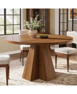 Round Dining Table for 4, Circle Kitchen Table with Pedestal Base, Walnut Brown