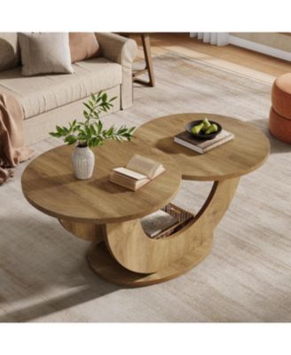 Round Coffee Table, 2-Tier Farmhouse Coffee Table with U-Shaped Frame