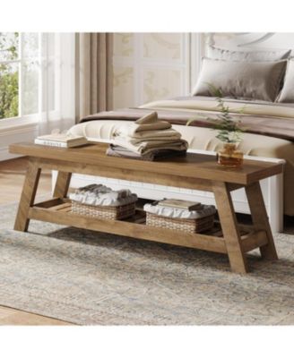 55" Wood Entryway Bench with Shoe Storage, Large 2-Tier Narrow Hallway Foyer Seating Bench
