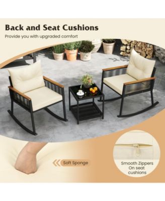 3 PCS Outdoor Rocking Bistro Set with 2-Tier Coffee Table, Acacia Wood Armrests