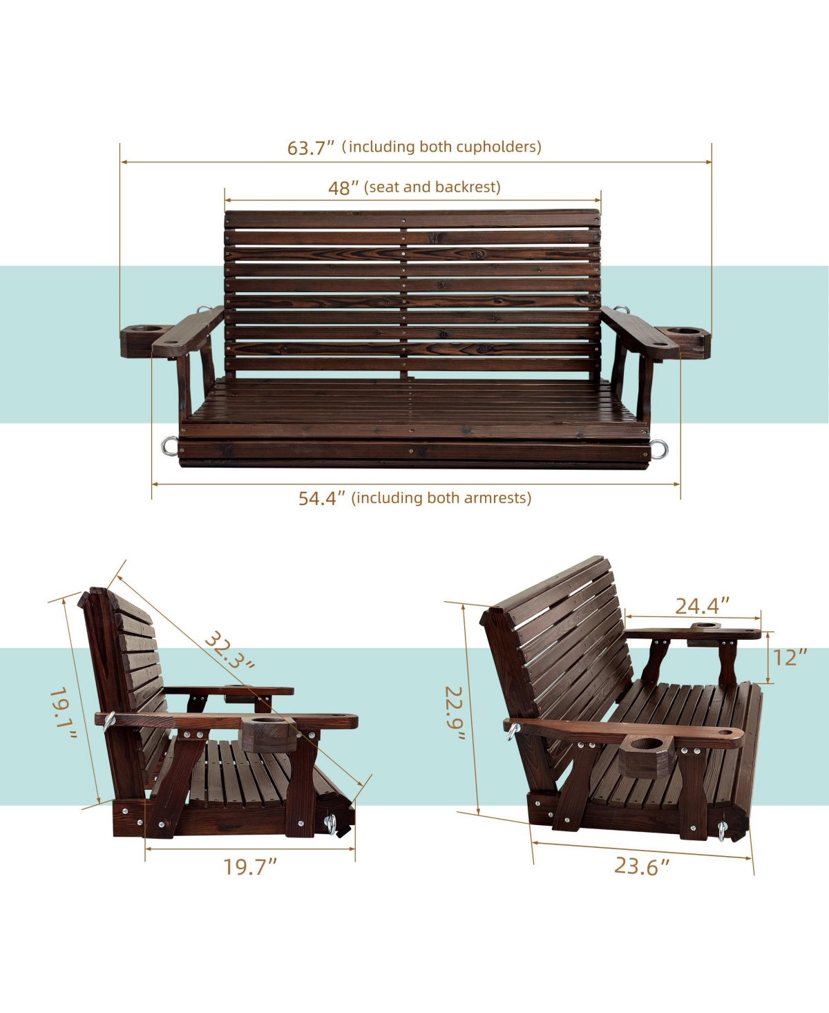 Wooden Porch Swing 2-Seater, Bench Swing with Cupholders, Hanging Chains and 7mm Springs, Heavy Duty 800 Lbs, for Outdoor Patio Garden Yard, 4 ft