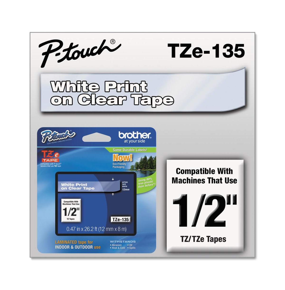 Brother P-Touch TZE135 TZe 0.47 in. x 26.2 ft. Standard Adhesive Laminated Labeling Tape - White on Clear