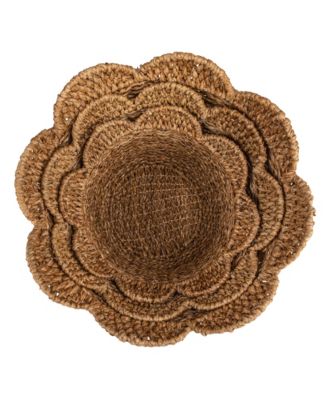 Braided Bankuan and Rattan Baskets with Scalloped Edge, Natural, Set of 3