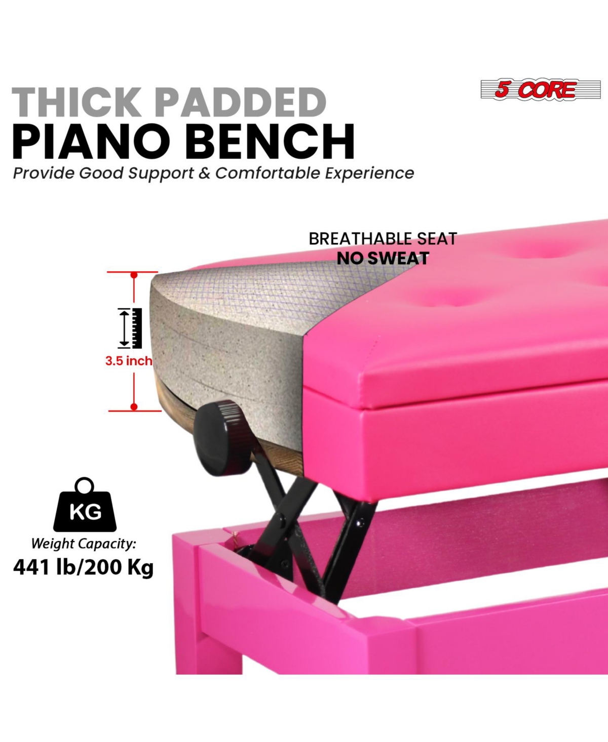 5 Core Duet Piano Bench 3.5 Inch Padded Cushioned Stool Wooden Heavy Duty Musician Chair w Storage