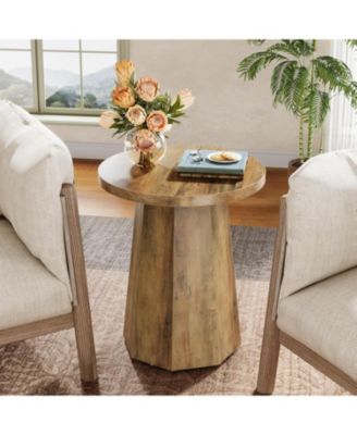 Farmhouse Round End Table, Wooden Couch Side Table with Octagonal Base