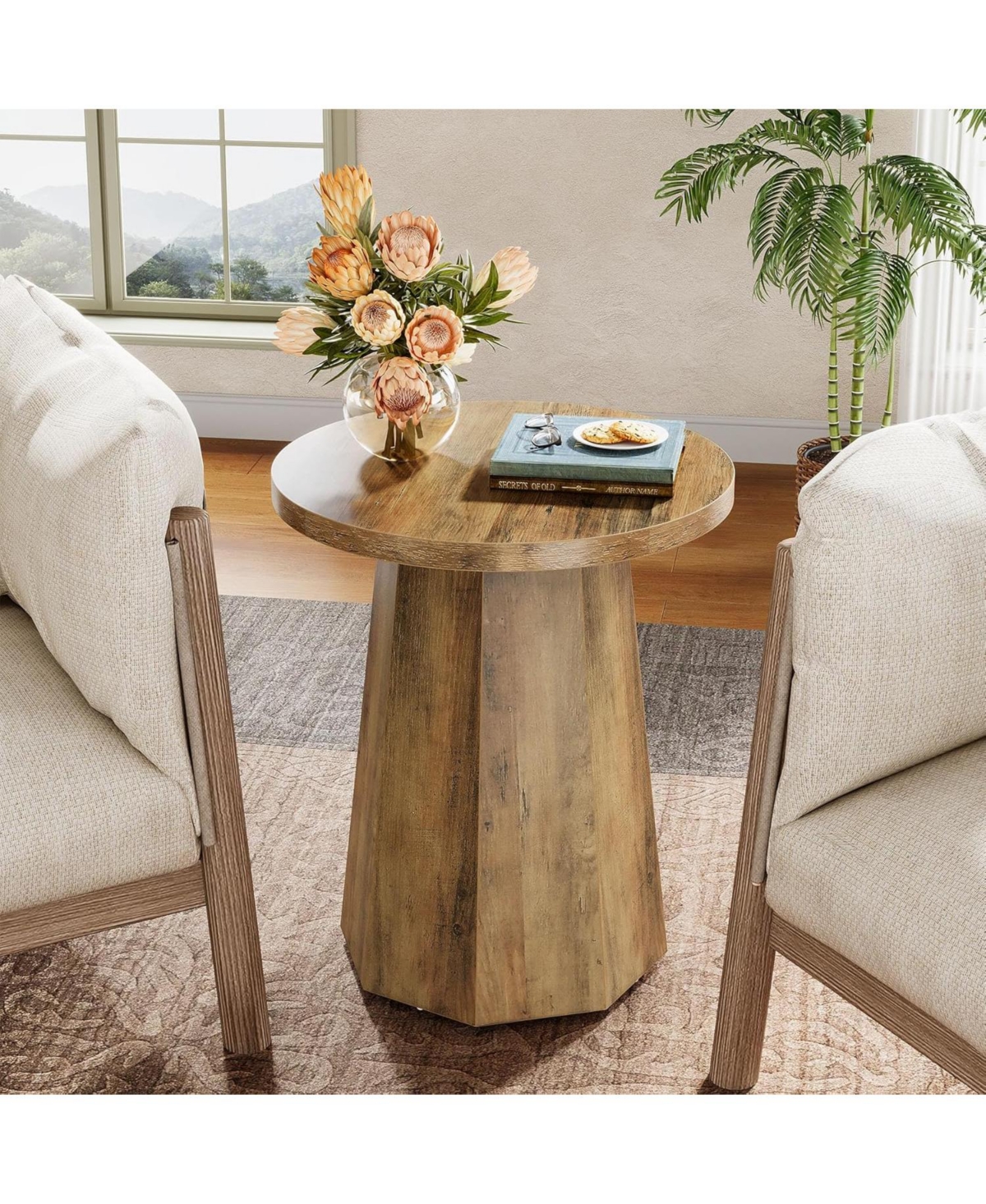 Tribesigns Farmhouse Round End Table, Wooden Couch Side Table with Octagonal Base
