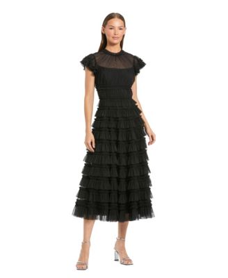 Women's Ruffle High Neck Cap Sleeve Midi Dress