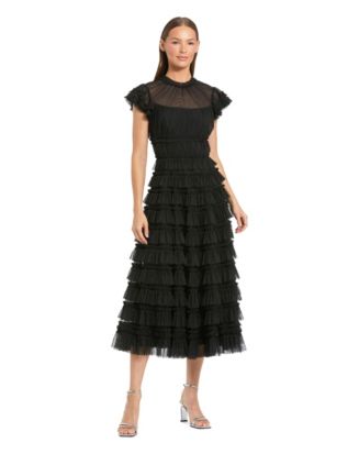 mesh dot micro ruffle midi dress Mac Duggal Women's Mesh Micro Ruffle High Neck Cap Sleeve Midi Dress - Black