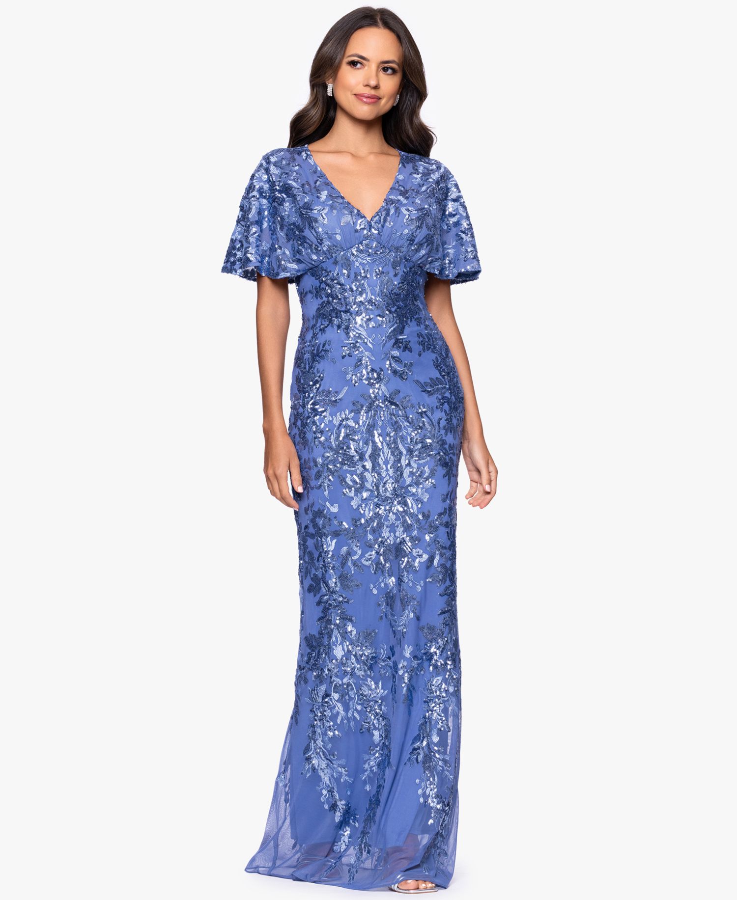Petite Sequin Detail V-Neck Long Sheath Dress