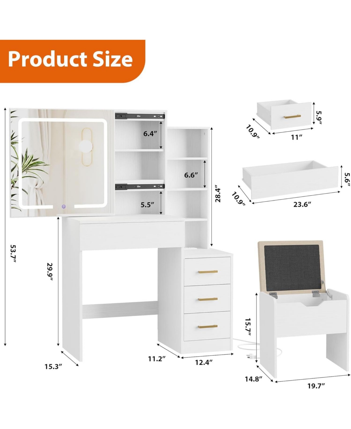 Gaomon Vanity Desk with Sliding Mirror & Lights, 4 Drawers, 7 Shelves, Charging Station, Stool Included, 3 Lighting Modes, Modern Makeup
