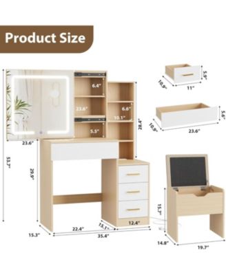 Vanity Desk with Sliding Mirror & Lights, 4 Drawers, 7 Shelves, Charging Station, Stool Included, 3 Lighting Modes, Modern Makeup Vanity