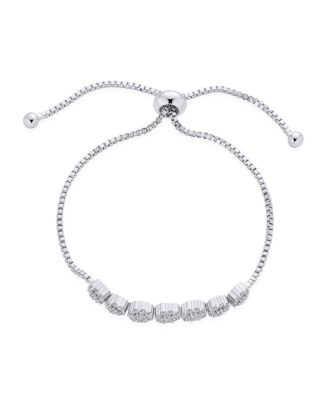 Rose Flower Cubic Zirconia CZ Adjustable Bolo Bracelet and Rosette Halo Drop Earrings Lever Back Jewelry Set