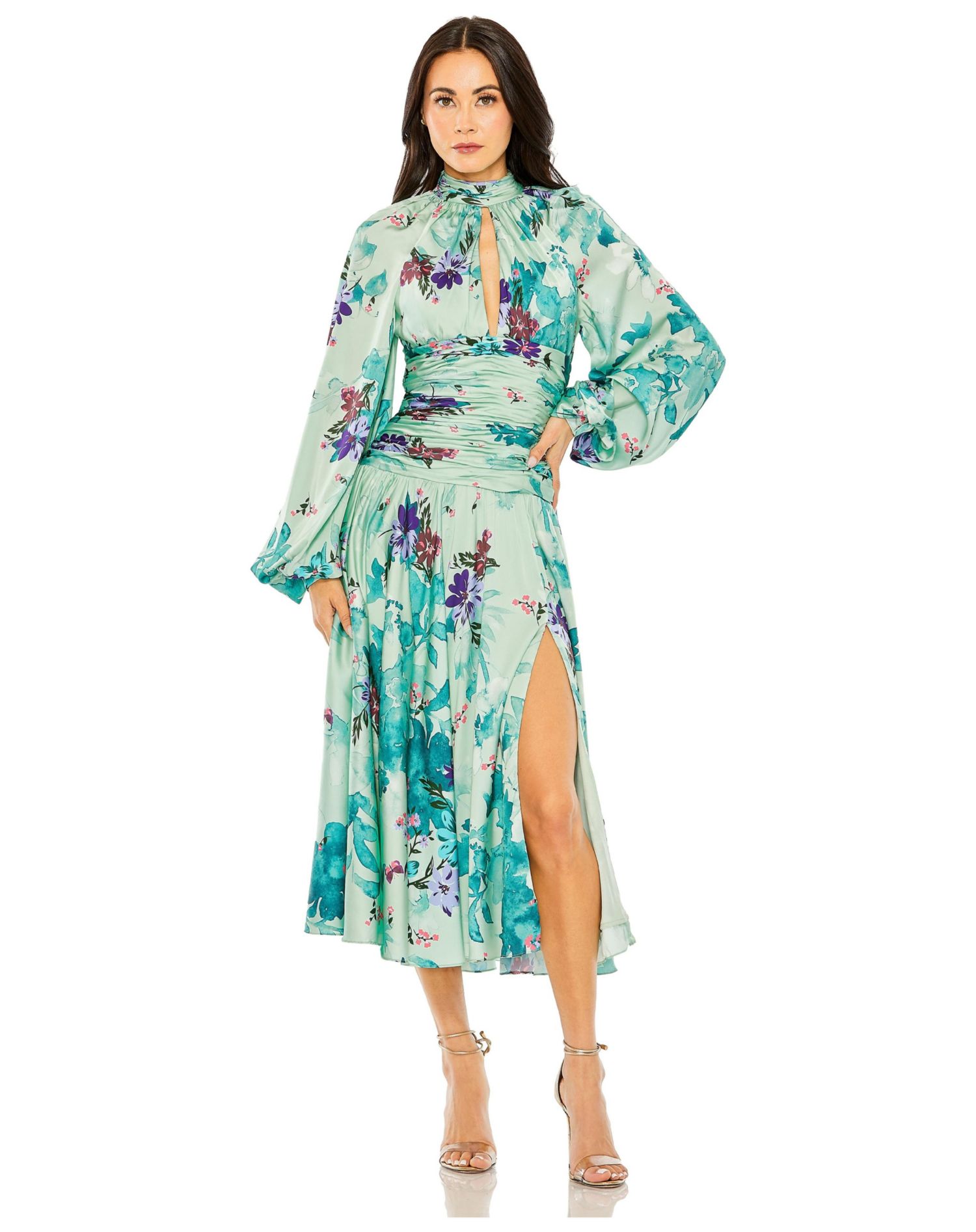 Women's Keyhole Satin Long Sleeve Floral Gown