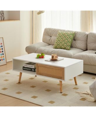 Modern Rattan Coffee Table with Sliding Door Storage and Solid Wood Legs