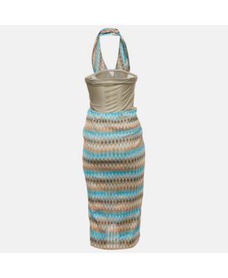 Women's Blue Patterned Knit Halter Neck Midi Dress