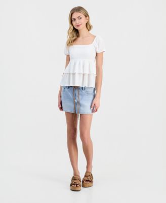 Juniors' Puff-Sleeve Tiered Babydoll Top