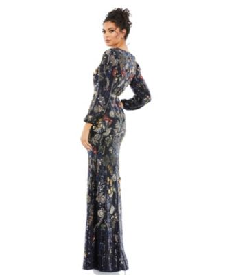 Women's Embellished Wrap Over Bishop Sleeve Gown